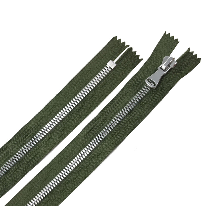 Glossy 5MM or 8MM One-Way Non-Separating Closed Bottom Zipper, Olive/Nickel |7 Inch Length