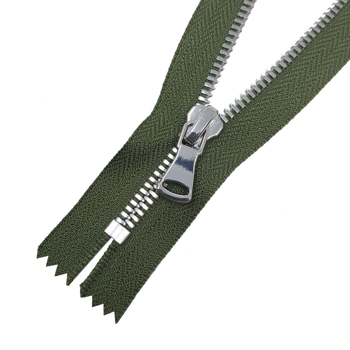 Glossy 5MM or 8MM One-Way Non-Separating Closed Bottom Zipper, Olive/Nickel |7 Inch Length