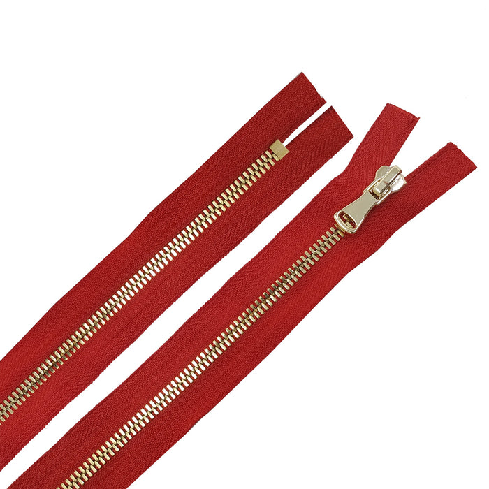 Glossy 5MM or 8MM One-Way Non-Separating Closed Bottom Zipper, Red/Brass | 7 Inch Length