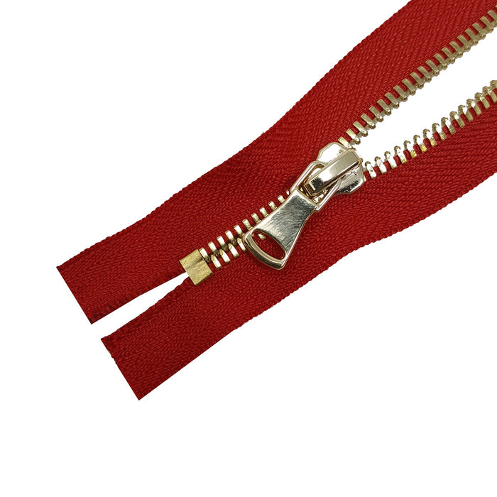 Glossy 5MM or 8MM One-Way Non-Separating Closed Bottom Zipper, Red/Brass | 7 Inch Length