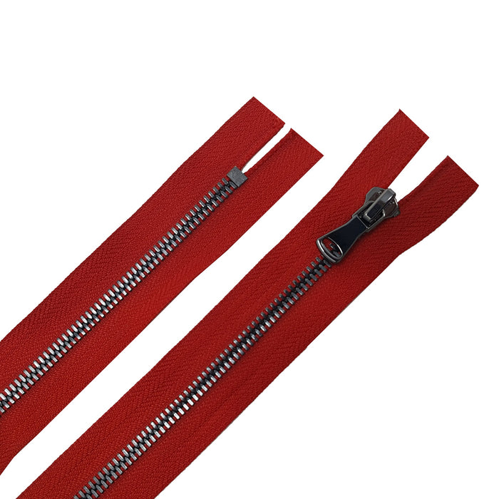 Glossy 5MM or 8MM One-Way Non-Separating Closed Bottom Zipper, Red/Gun Metal | 7 Inch Length