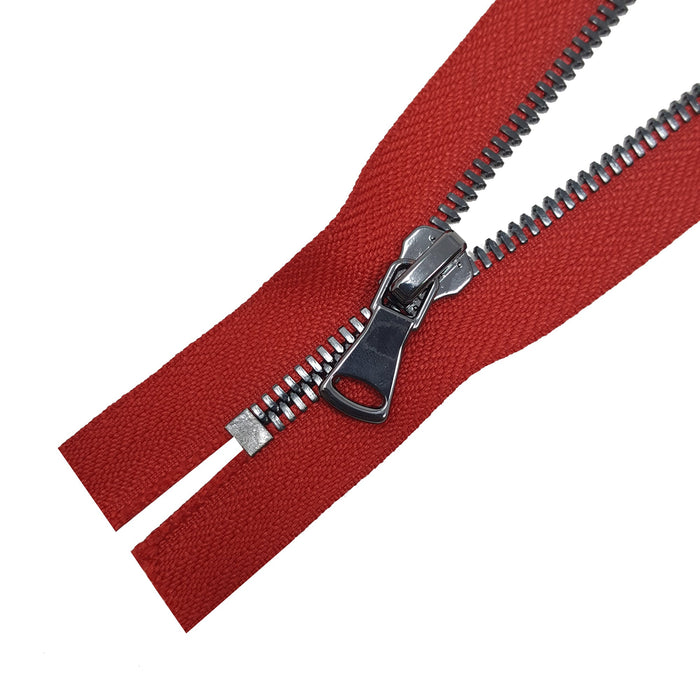 Glossy 5MM or 8MM One-Way Non-Separating Closed Bottom Zipper, Red/Gun Metal | 7 Inch Length