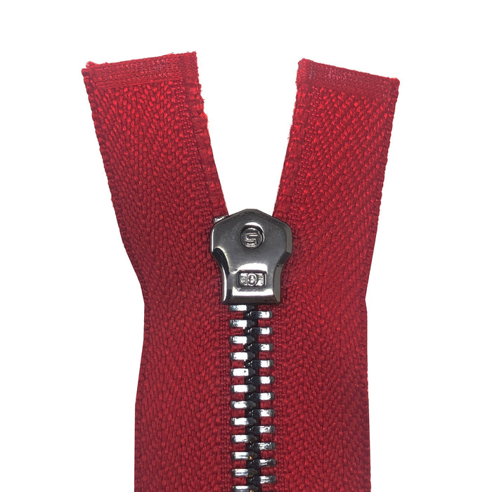 Glossy 5MM or 8MM One-Way Non-Separating Closed Bottom Zipper, Red/Gun Metal | 7 Inch Length