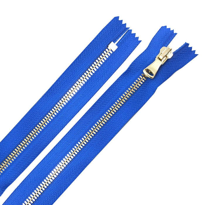 Glossy Jacket Zipper Set in 5MM or 8MM Metal Teeth, One 18" to 28" Open Bottom and Two 7" Pocket Closed Bottom Zippers, Royal Blue/Brass