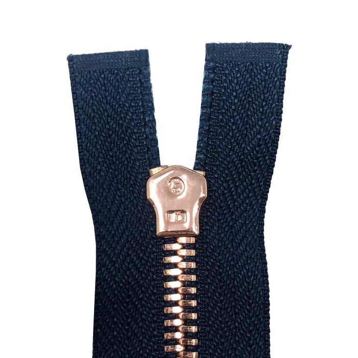 Glossy 5MM One-Way Non-Separating Closed Bottom Zipper, Navy/Rose Gold | 7 Inch Inch Length