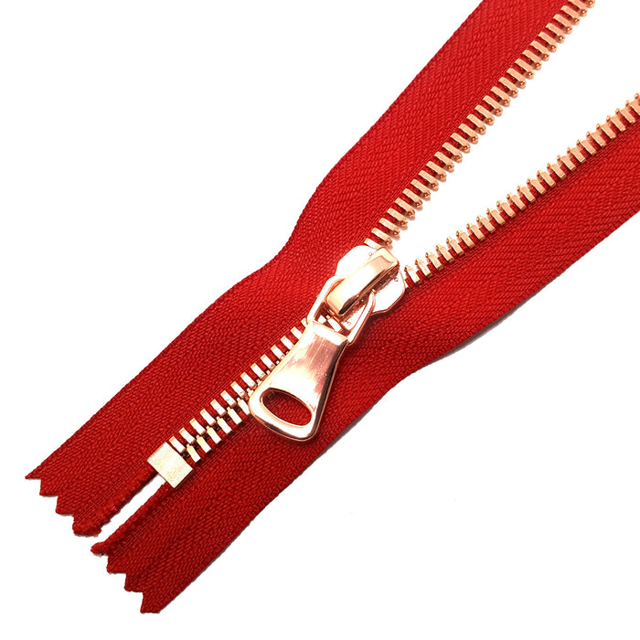 Glossy 8MM One-Way Non-Separating Closed Bottom Zipper, Red/Rose Gold | 5 Inch to 27 Inch Length