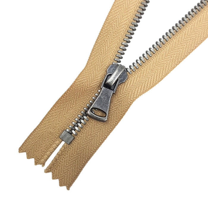 Glossy 5MM or 8MM One-Way Non-Separating Closed Bottom Zipper, Beige/Antique Nickel | 7"  Length