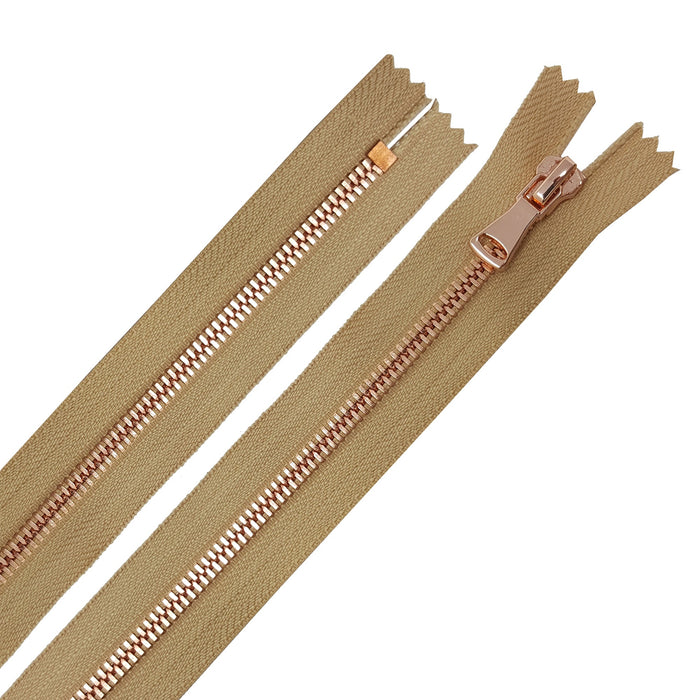 Glossy 5MM or 8MM One-Way Non-Separating Closed Bottom Zipper, Beige/Rose Gold |7 Inch Length