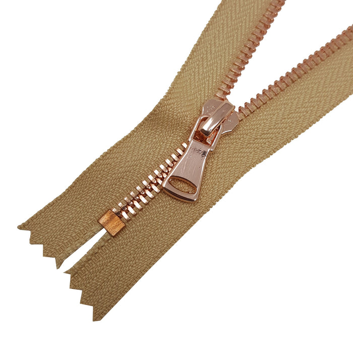 Glossy 5MM or 8MM One-Way Non-Separating Closed Bottom Zipper, Beige/Rose Gold |7 Inch Length