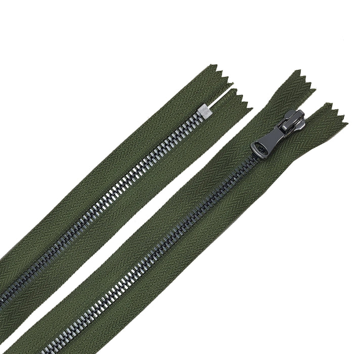 Glossy 5MM or 8MM One-Way Non-Separating Closed Bottom Zipper, Olive/Gun Metal | 7 Inch Length