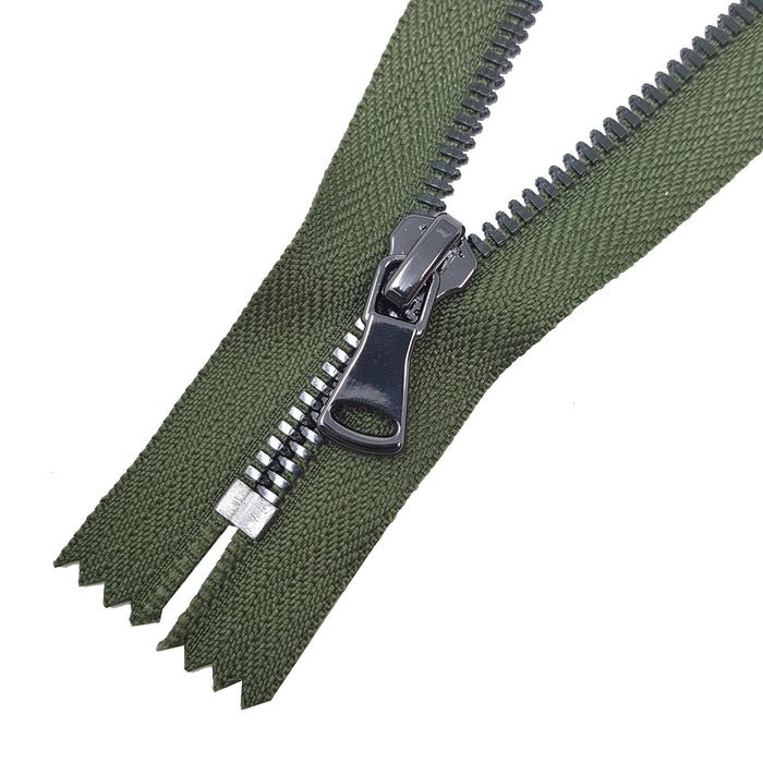 Glossy 5MM or 8MM One-Way Non-Separating Closed Bottom Zipper, Olive/Gun Metal | 7 Inch Length