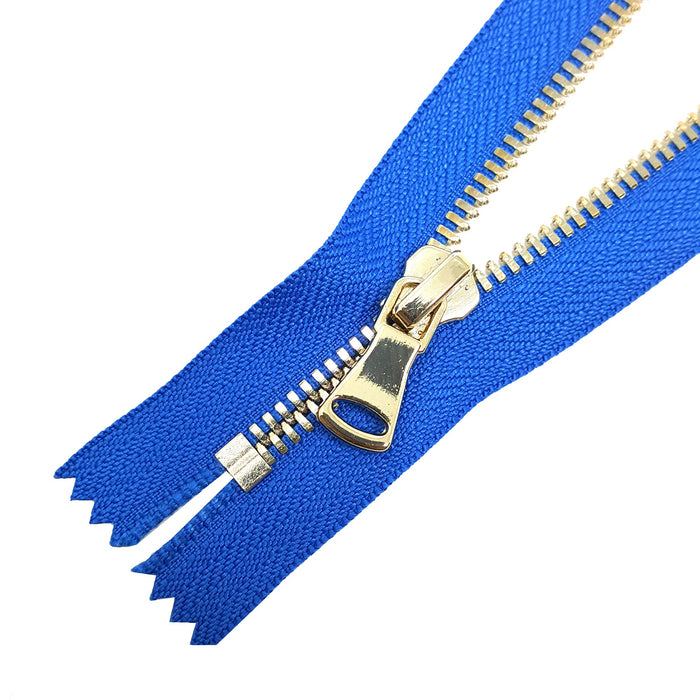 Glossy 5MM or 8MM One-Way Non-Separating Closed Bottom Zipper, Royal/Brass |7 Inch Length