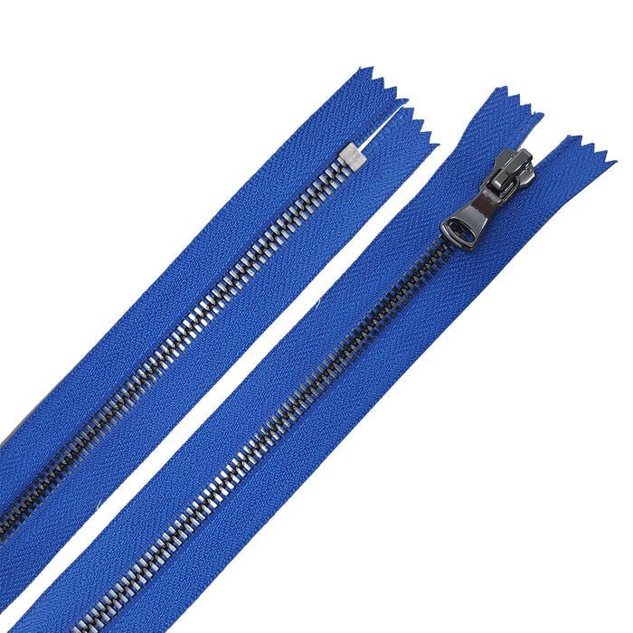 Glossy Jacket Zipper Set in 5MM or 8MM Metal Teeth, One 18" to 28" Open Bottom and Two 7" Pocket Closed Bottom Zippers, Royal Blue/Gun Metal