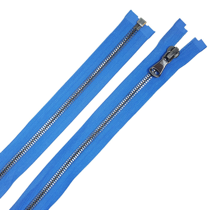 Glossy Jacket Zipper Set in 5MM or 8MM Metal Teeth, One 18" to 28" Open Bottom and Two 7" Pocket Closed Bottom Zippers, Royal Blue/Gun Metal