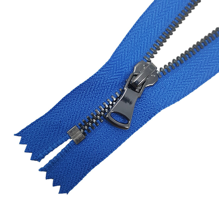 Glossy 5MM or 8MM One-Way Non-Separating Closed Bottom Zipper, Royal/Gun Metal |7 Inch Length