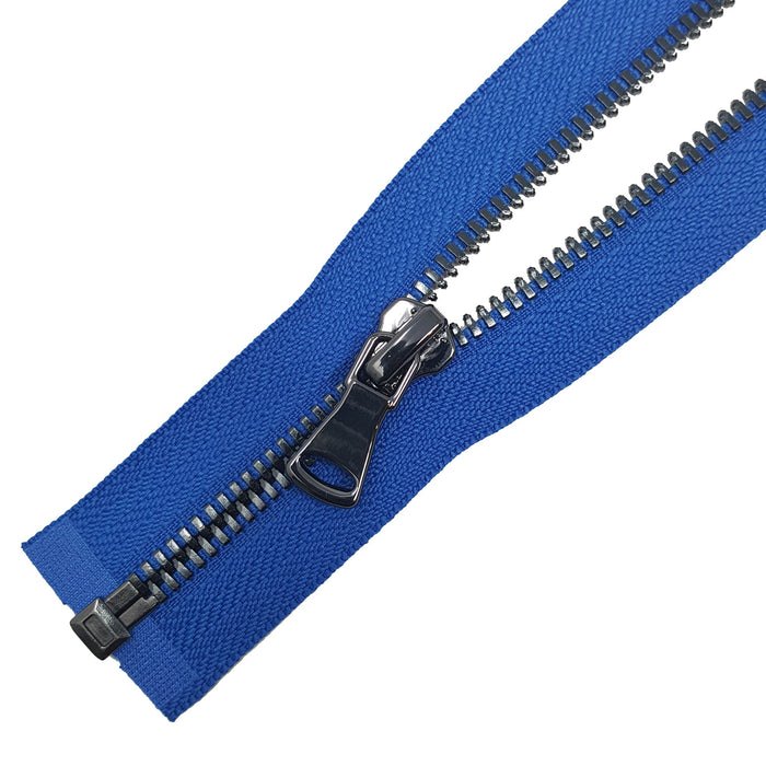 Glossy Jacket Zipper Set in 5MM or 8MM Metal Teeth, One 18" to 28" Open Bottom and Two 7" Pocket Closed Bottom Zippers, Royal Blue/Gun Metal