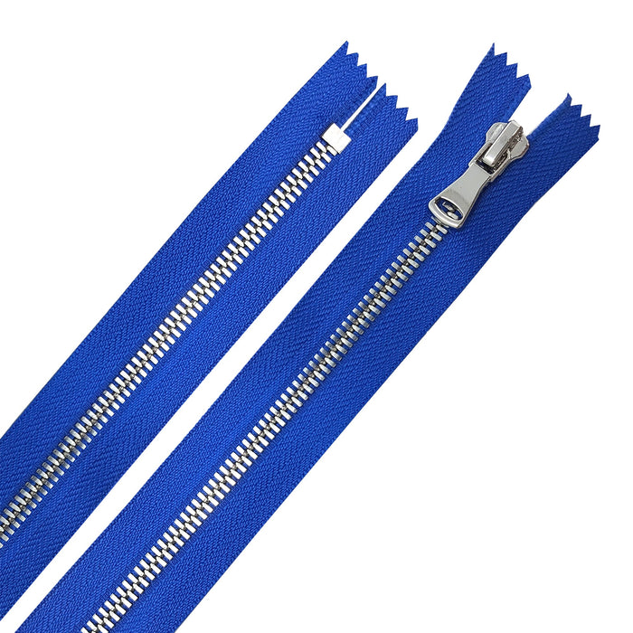 Glossy Jacket Zipper Set in 5MM Metal Teeth, One 18" to 28" Open Bottom and Two 7" Pocket Closed Bottom Zippers, Royal Blue/Nickel