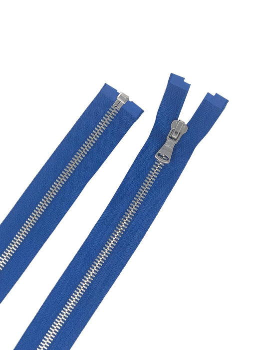 Glossy Jacket Zipper Set in 5MM Metal Teeth, One 18" to 28" Open Bottom and Two 7" Pocket Closed Bottom Zippers, Royal Blue/Nickel