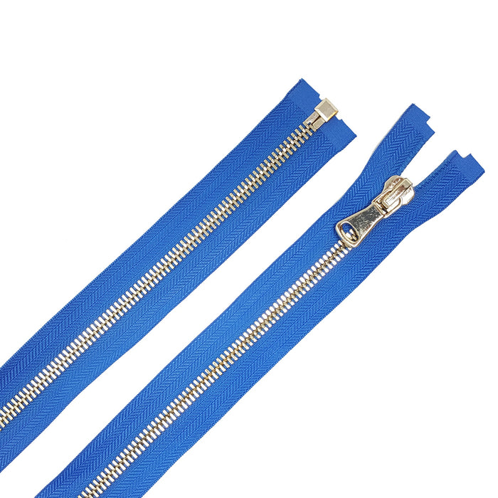 Glossy Jacket Zipper Set in 5MM or 8MM Metal Teeth, One 18" to 28" Open Bottom and Two 7" Pocket Closed Bottom Zippers, Royal Blue/Brass