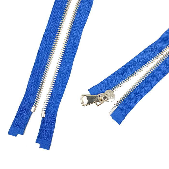 Glossy Jacket Zipper Set in 5MM or 8MM Metal Teeth, One 18" to 28" Open Bottom and Two 7" Pocket Closed Bottom Zippers, Royal Blue/Brass