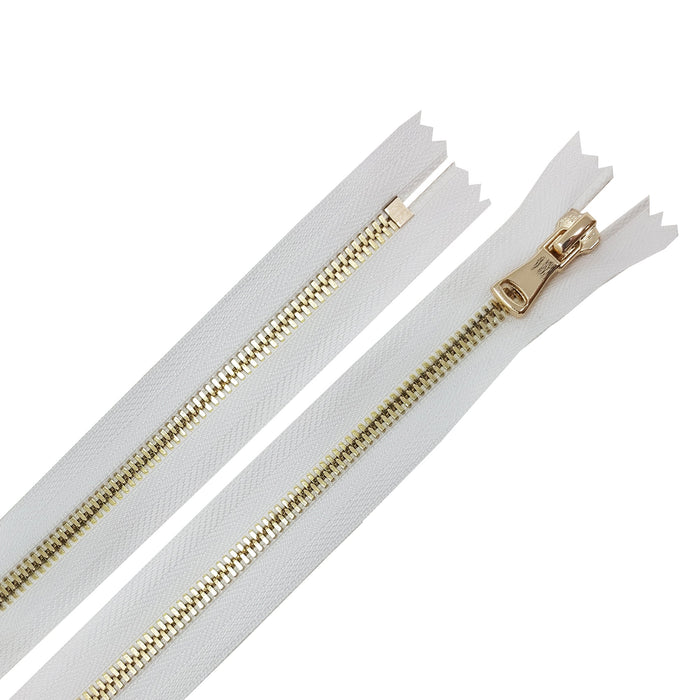 Glossy 5MM or 8MM One-Way Non-Separating Closed Bottom Zipper, White/Brass | 7 Inch Length