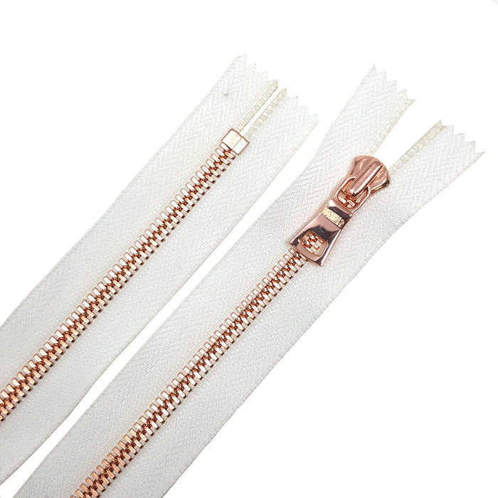 Glossy 5MM or 8MM One-Way Non-Separating Closed Bottom Zipper, White/Rose Gold |7 Inch Length