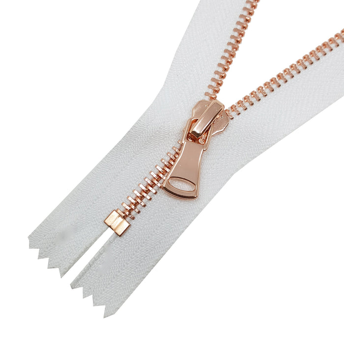 Glossy 5MM or 8MM One-Way Non-Separating Closed Bottom Zipper, White/Rose Gold |7 Inch Length