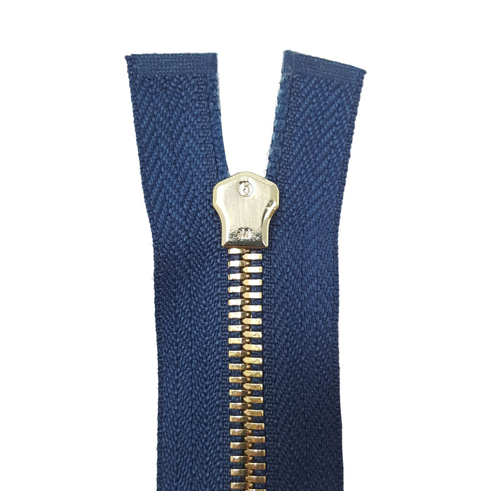 Glossy 5MM or 8MM One-Way Non-Separating Closed Bottom Zipper, Navy/Brass | 7 Inch Length