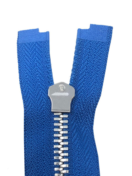 Glossy Jacket Zipper Set in 5MM Metal Teeth, One 18" to 28" Open Bottom and Two 7" Pocket Closed Bottom Zippers, Royal Blue/Nickel