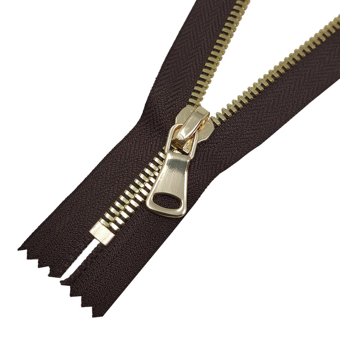 Glossy 8MM One-Way Non-Separating Closed Bottom Zipper, Brown/Brass Gold | 5 Inch to 27 Inch Length