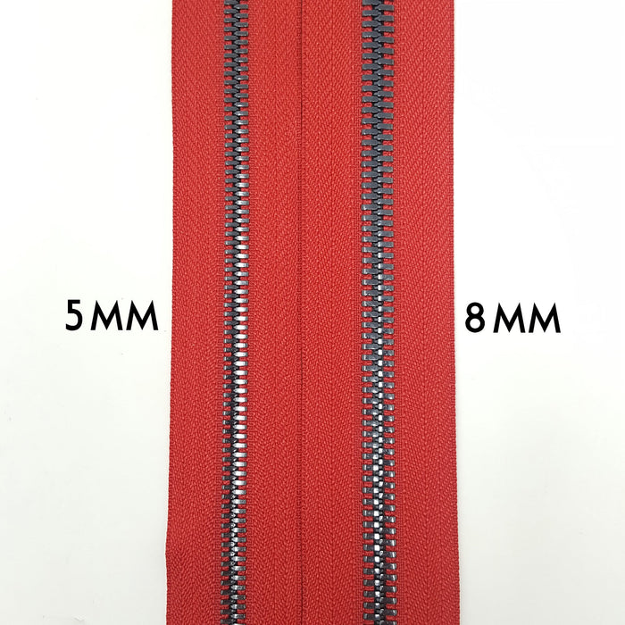 Glossy 5MM or 8MM Two-Way Separating Open Bottom Zipper, Red/Gun Metal | 36 Inch