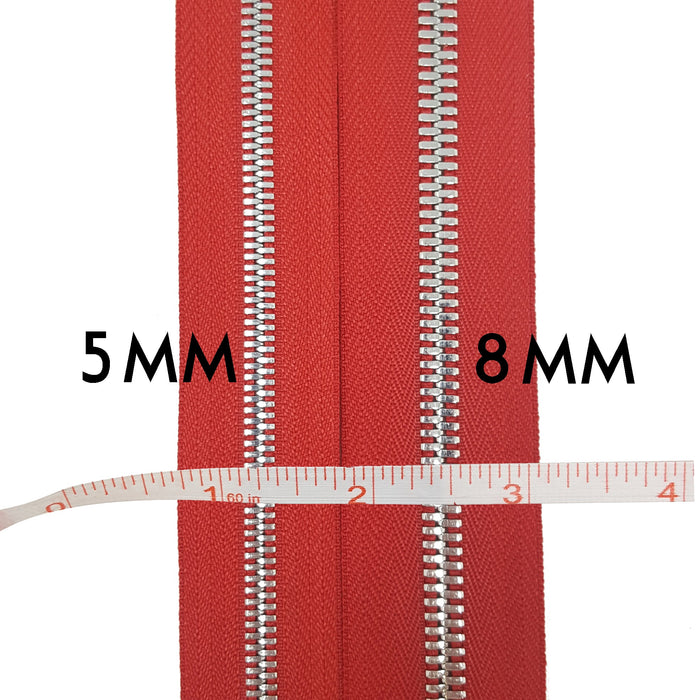 Glossy 5MM or 8MM Two-Way Separating Open Bottom Zipper, Red/Nickel | 36 Inch