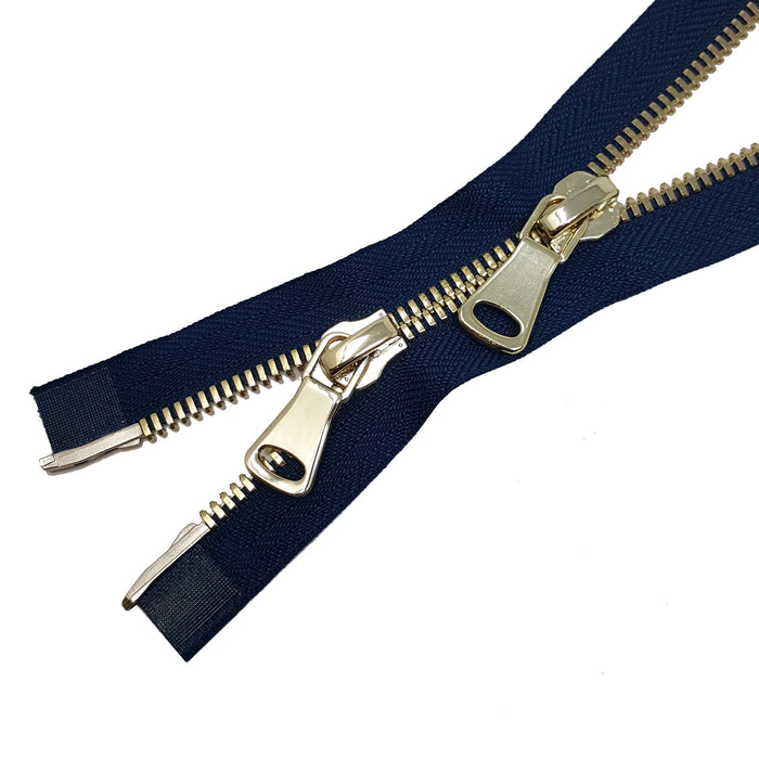 Glossy 5MM or 8MM Two-Way Separating Open Bottom Zipper, Navy/Brass | 36 Inch