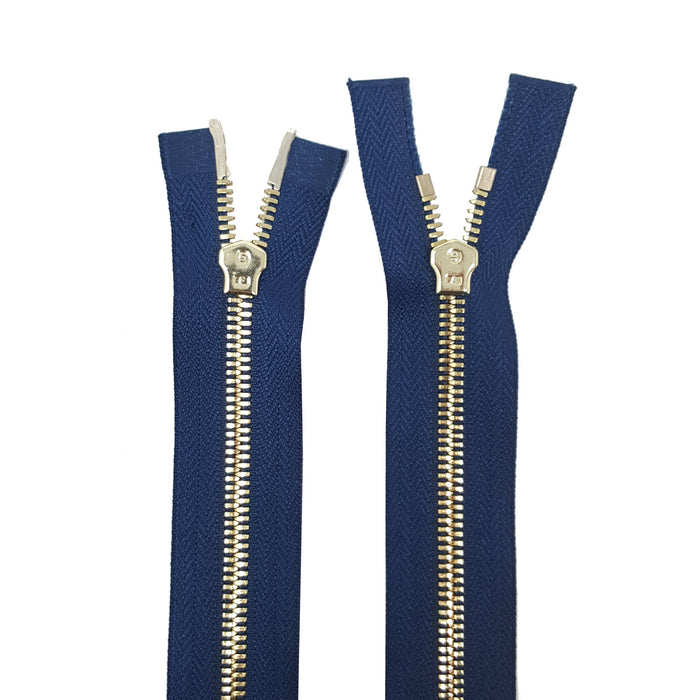 Glossy 5MM or 8MM Two-Way Separating Open Bottom Zipper, Navy/Brass | 36 Inch