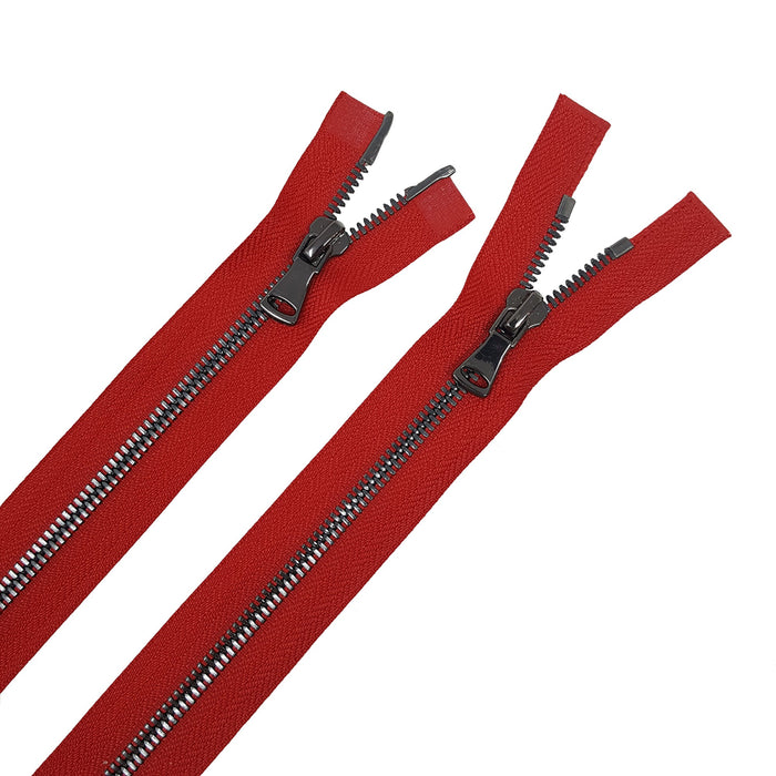 Glossy 5MM or 8MM Two-Way Separating Open Bottom Zipper, Red/Gun Metal | 36 Inch