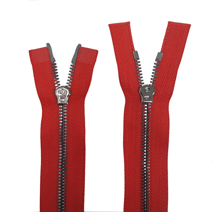 Glossy 5MM or 8MM Two-Way Separating Open Bottom Zipper, Red/Gun Metal | 36 Inch