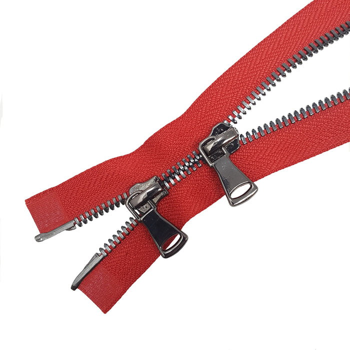 Glossy 5MM or 8MM Two-Way Separating Open Bottom Zipper, Red/Gun Metal | 36 Inch