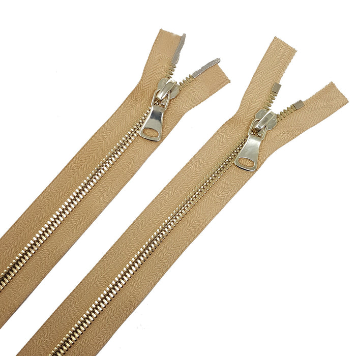 Glossy 8MM Two-Way Separating Open Bottom Zipper, Beige/Brass | 36 Inch Length