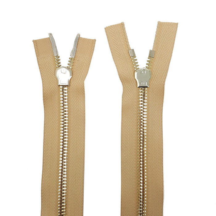 Glossy 8MM Two-Way Separating Open Bottom Zipper, Beige/Brass | 36 Inch Length