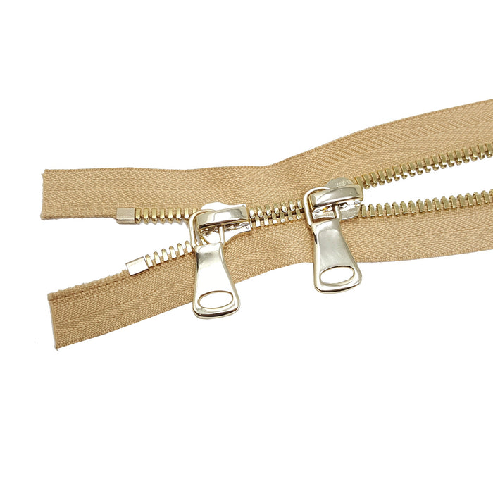 Glossy 8MM Two-Way Separating Open Bottom Zipper, Beige/Brass | 36 Inch Length