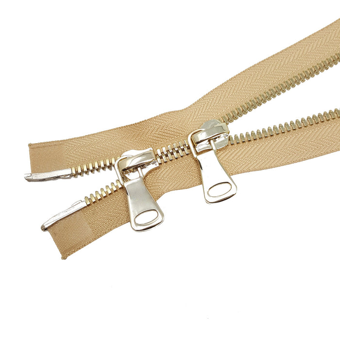 Glossy 8MM Two-Way Separating Open Bottom Zipper, Beige/Brass | 36 Inch Length