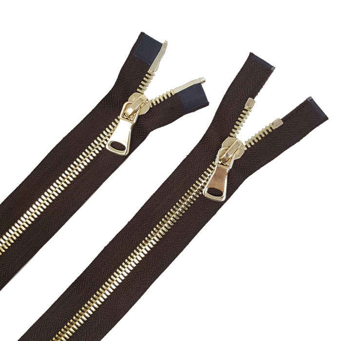 Glossy 8MM Two-Way Separating Open Bottom Zipper, Brown/Brass |  36 Inch Length