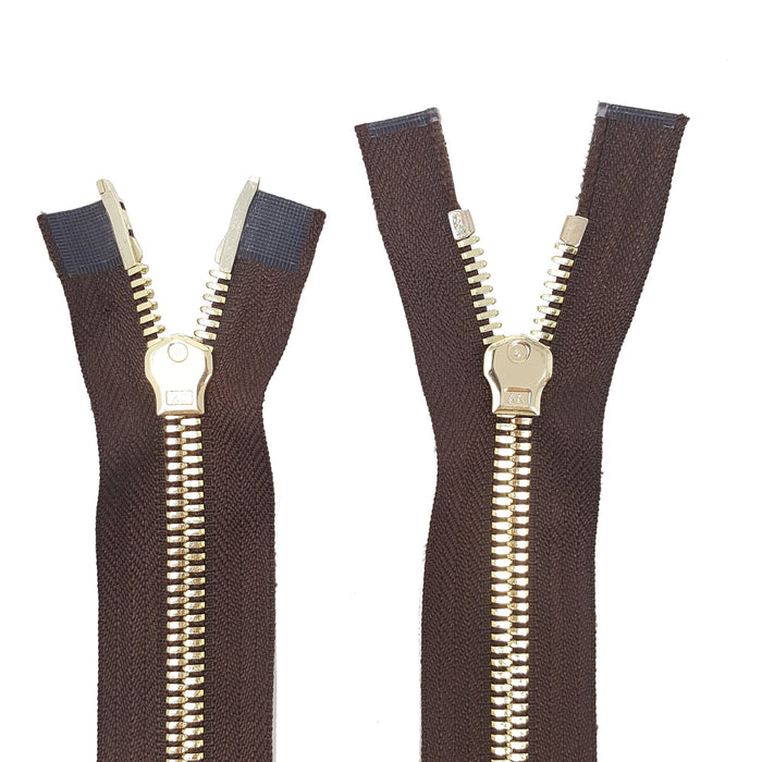 Glossy 8MM Two-Way Separating Open Bottom Zipper, Brown/Brass |  36 Inch Length