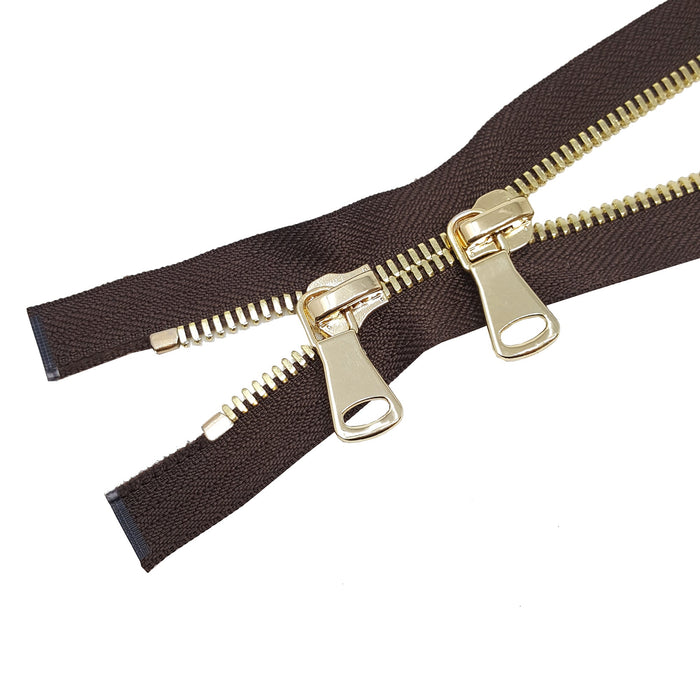 Glossy 8MM Two-Way Separating Open Bottom Zipper, Brown/Brass |  36 Inch Length