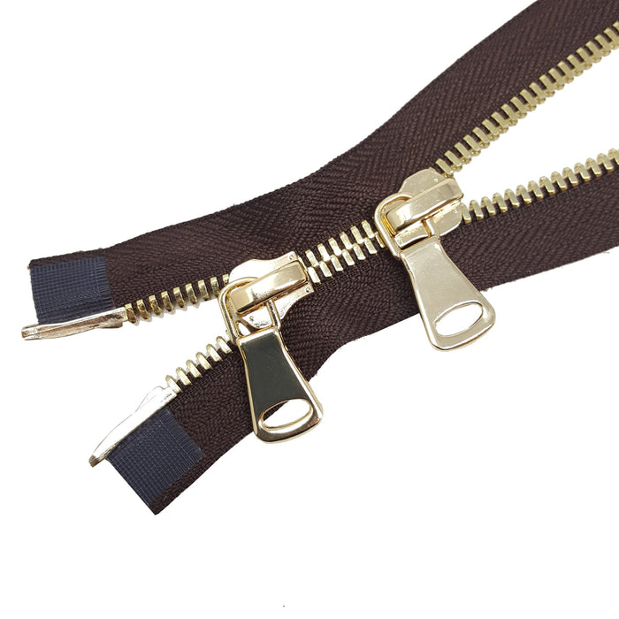 Glossy 8MM Two-Way Separating Open Bottom Zipper, Brown/Brass |  36 Inch Length