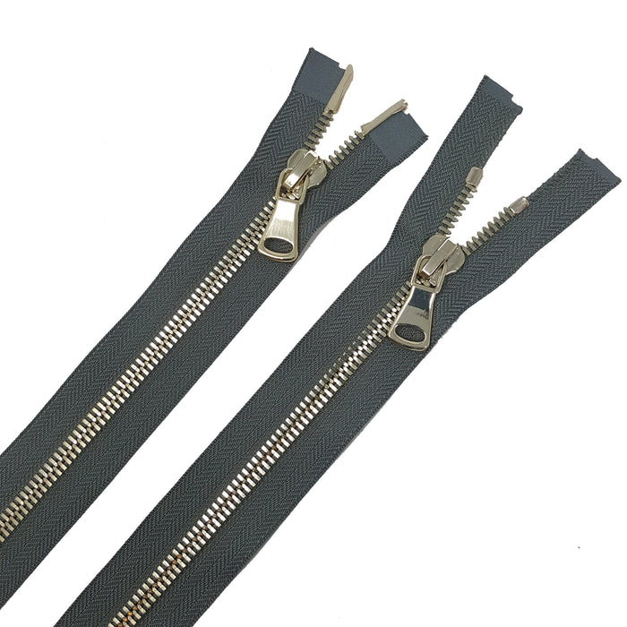 Glossy 8MM Two-Way Separating Open Bottom Zipper, Gray/Brass | 36 Inch