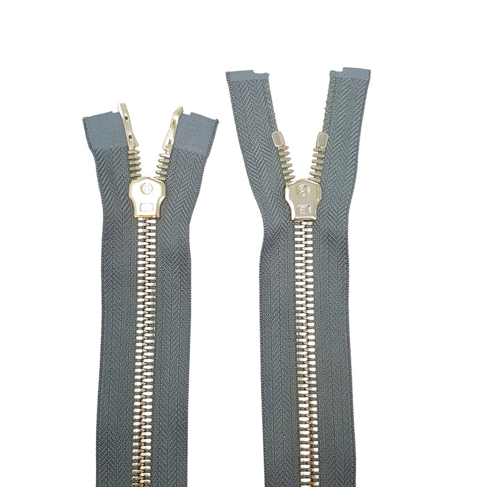 Glossy 8MM Two-Way Separating Open Bottom Zipper, Gray/Brass | 36 Inch