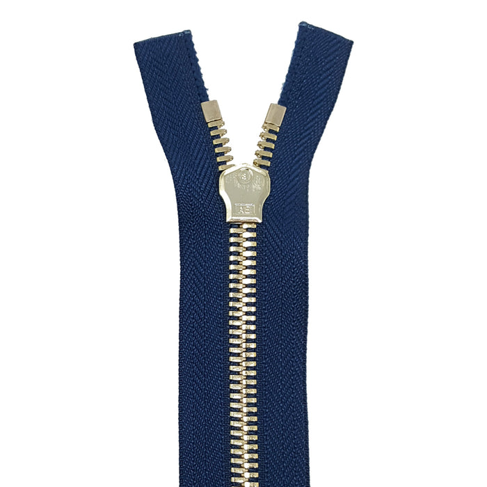 Glossy 5MM or 8MM One-Way Non-Separating Closed Bottom Zipper, Navy/Brass | 7 Inch Length