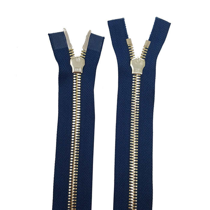 Glossy 5MM or 8MM Two-Way Separating Open Bottom Zipper, Navy/Brass | 36 Inch