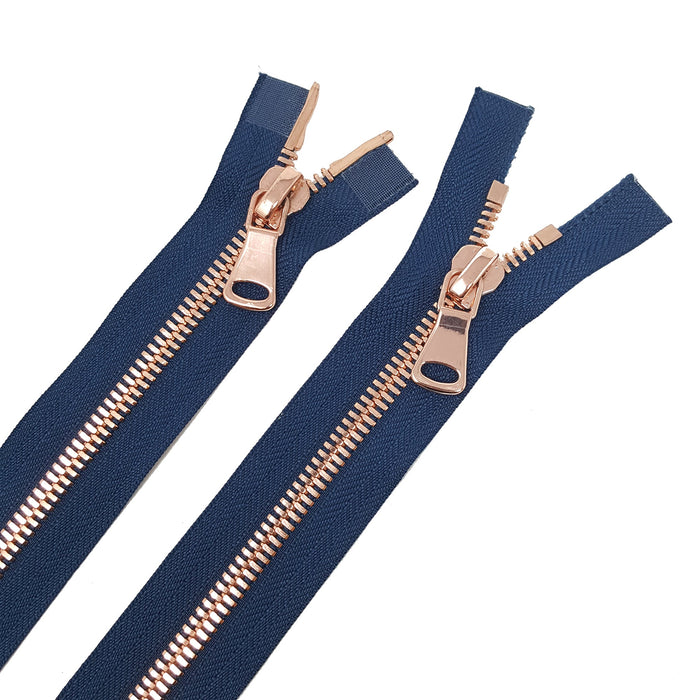 Glossy 8MM Two-Way Separating Open Bottom Zipper, Navy/Rose Gold | 36 Inch Length